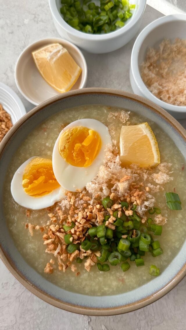 Lugaw is the Filipino version of plain rice porridge that can be loaded with different types of toppings for a delicious and heartwarming meal. It’s perfect for rainy days or when you are feeling under the weather and need some comfort food!

2 inch ginger, chopped
6 cloves garlic, minced 
3/4c sweet rice, rinsed
6 cups water 
Safflower threads or turmeric for color 
1 1/2 tsp sea salt (adjust to taste)
Topping: toasted garlic, green onions, hard boiled egg, lemon wedges, crispy pork rind 

Sauté ginger and garlic in oil. 2-3 mins.
Add rice and water. Cook until rice is soft and thickened, about 20-25 mins. 
Add safflower or turmeric and season with sea salt. Simmer for a few more minutes and serve topped with toasted garlic, green onions, hard boiled egg, lemon wedges, and crushed pork rinds.

All ingredients are from my neighborhood @islandpacificmarket #PresyongSulit #SarapStartsHere 

#Lugaw #FilipinoLugaw #RicePorridge
